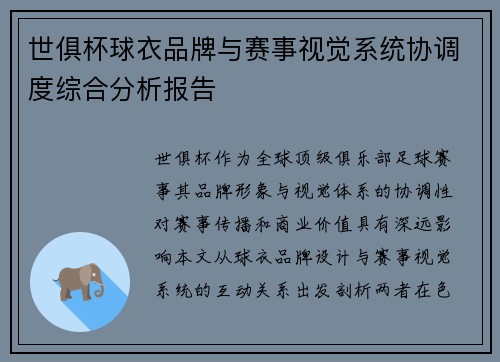 世俱杯球衣品牌与赛事视觉系统协调度综合分析报告